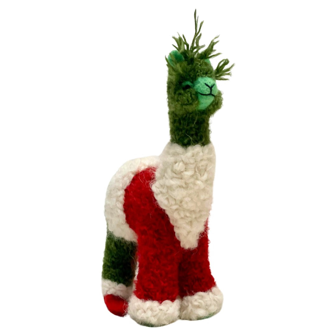 Funny cute silly adorable fluffy Christmas holiday toy gift Grinch alpaca in a santa suit figurine and ornament made from real alpaca wool yarn