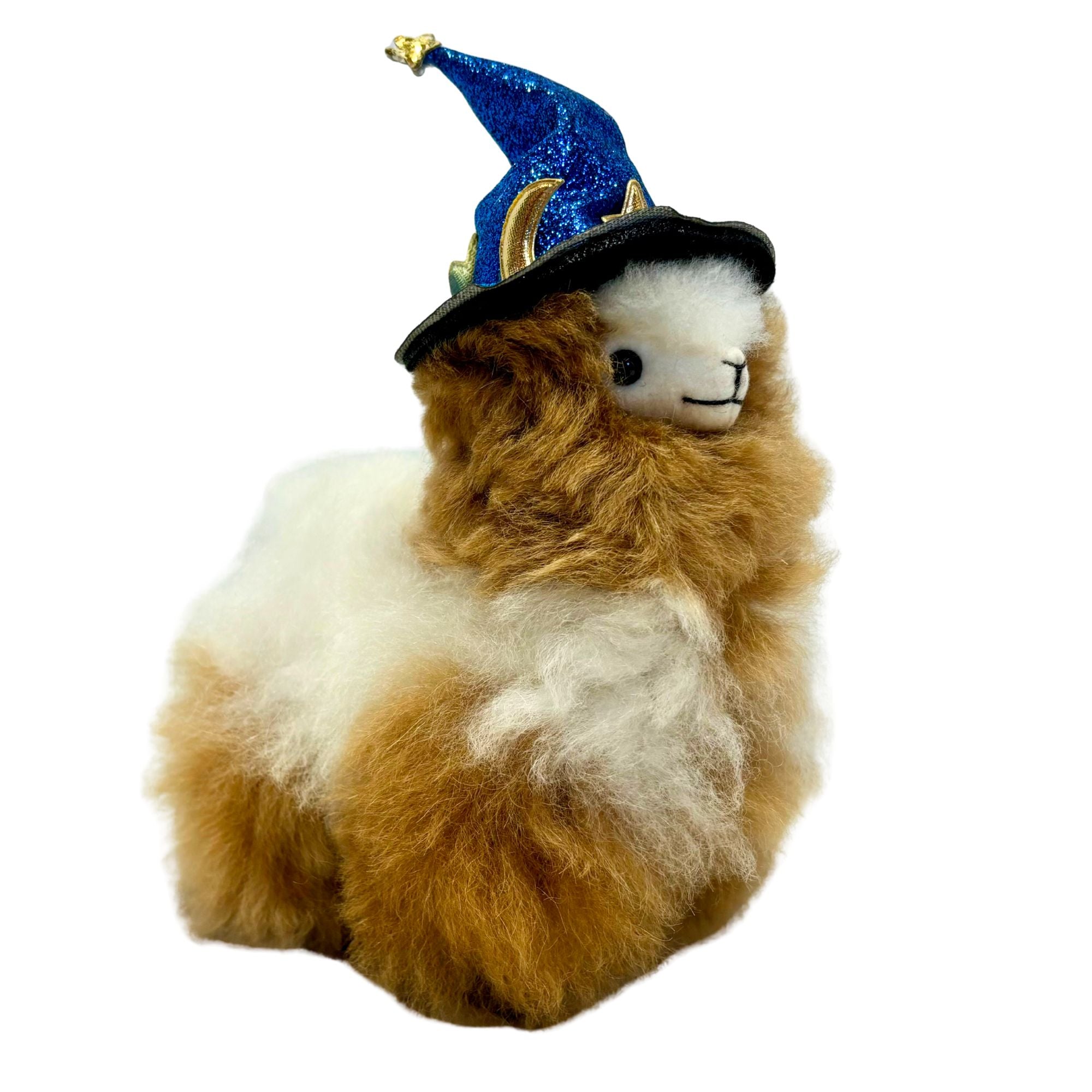 Plush toy llama wearing a Halloween blue wizard hat on a white background
