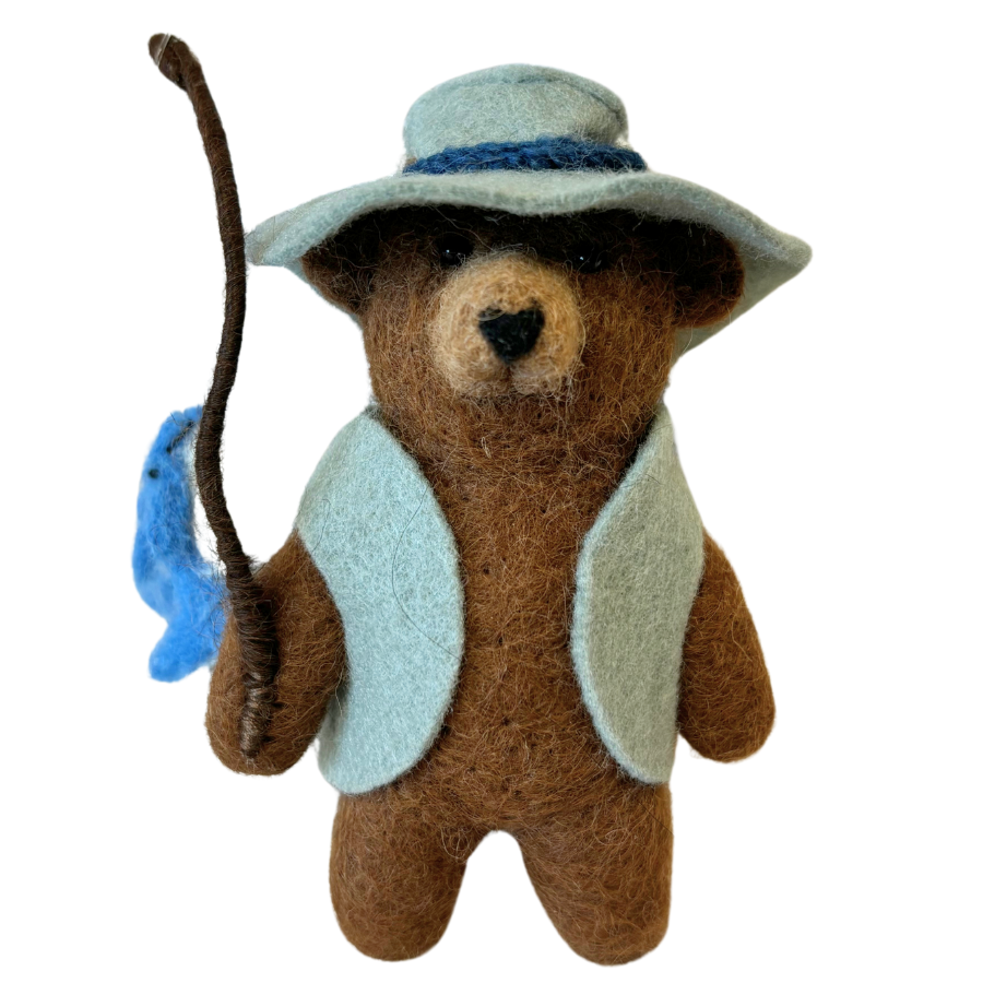 Brown bear felted ornament made from alpaca fleece wearing a fishing vest, fishing hat, a fishing pole and two felted alpaca fish.  