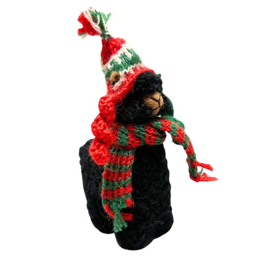 Black teddy bear wearing a red, green, and white knitted hat and scarf on a white background