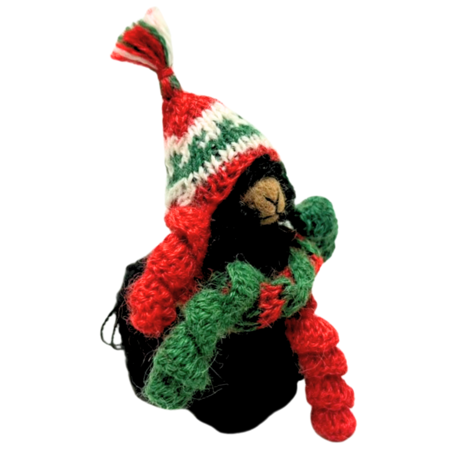 Knitted black doll with a red, green, and white hat and scarf on a white background