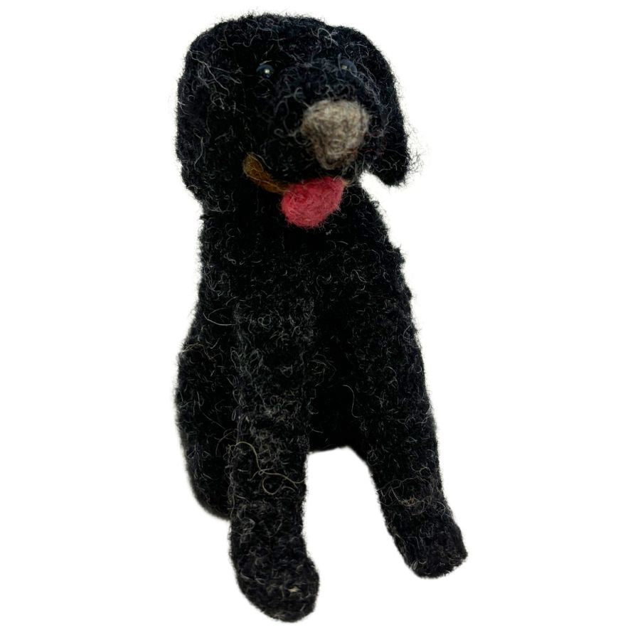 Handmade 4-inch felted alpaca wool black Labrador dog ornament with pink tongue and brown collar
