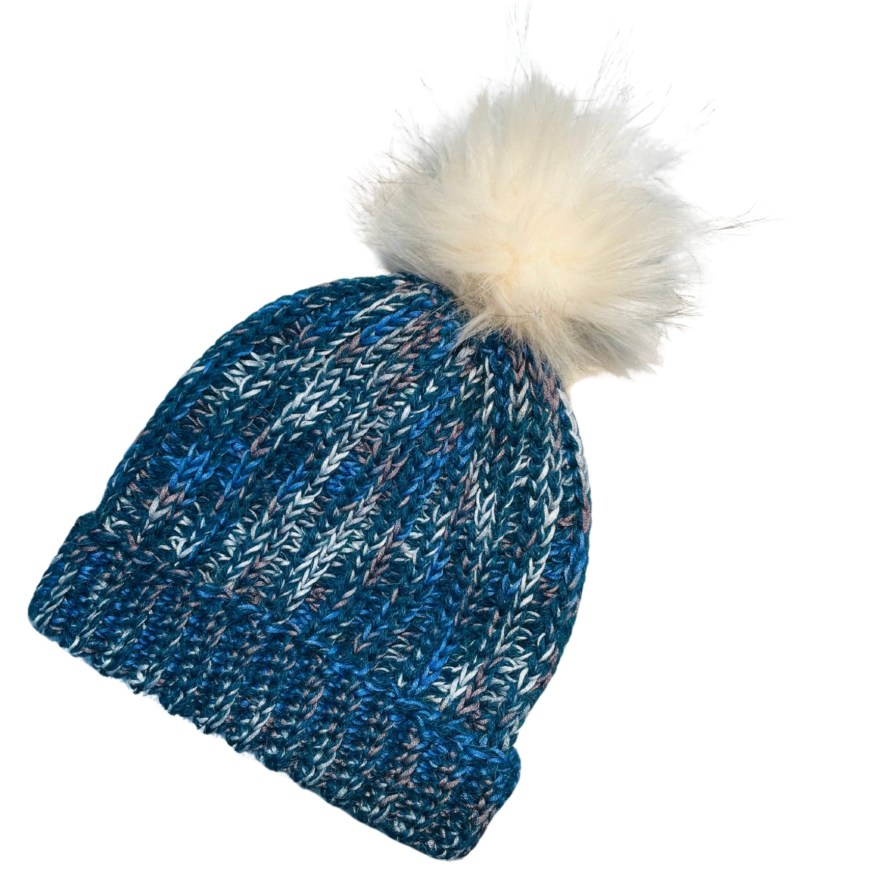 Ocean blue, dark turquoise, cobalt, cerulean, gray, and white colored cozy soft warm handmade knitted crochet ridge ribbed hat with a white pom pom made in Montana by Alpacas of Montana.