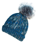 Ocean blue, dark turquoise, cobalt, cerulean, gray, and white colored cozy soft warm handmade knitted crochet ridge ribbed hat with a multi-gray pom pom made in Montana by Alpacas of Montana.