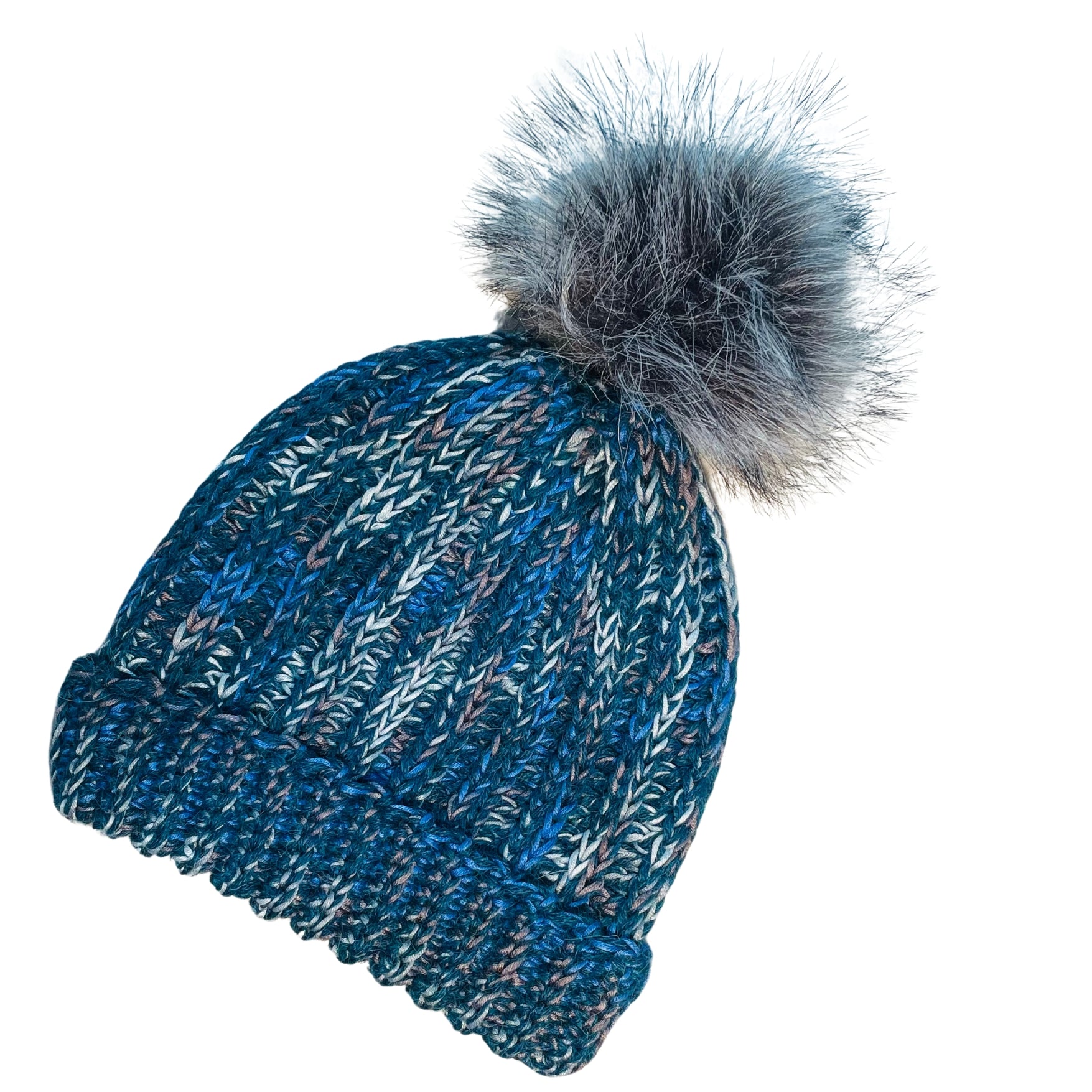 Ocean blue, dark turquoise, cobalt, cerulean, gray, and white colored cozy soft warm handmade knitted crochet ridge ribbed hat with a multi-gray pom pom made in Montana by Alpacas of Montana.