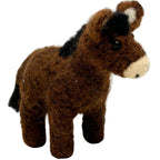 Handmade 4-inch brown felted donkey ornament made from alpaca wool with black mane, white muzzle, and upright ears