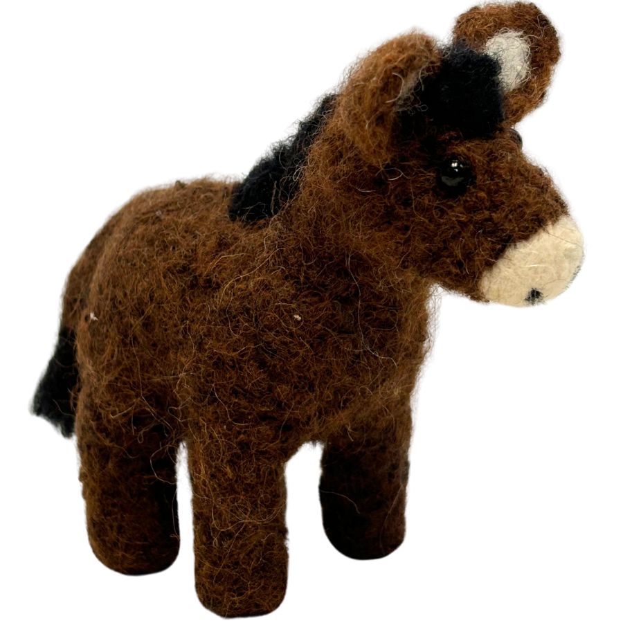Handmade 4-inch brown felted donkey ornament made from alpaca wool with black mane, white muzzle, and upright ears