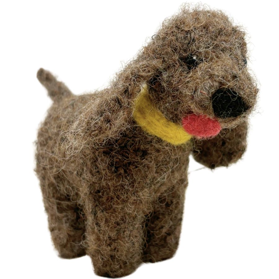 Brown felted lab ornament with tan nose and red tongue, standing in goofy posture

