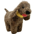 Brown felted lab ornament with tan nose and red tongue, standing in goofy posture

