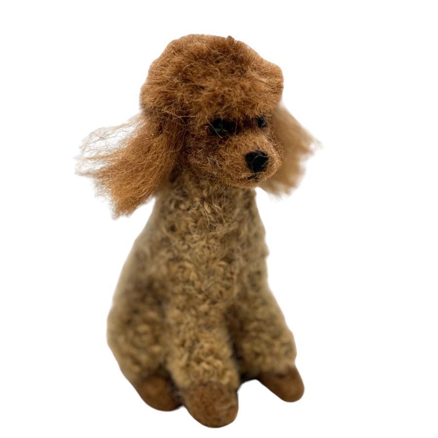 Golden brown 4-inch handmade felted alpaca wool poodle ornament with fluffy ears and a cheerful look, comes with hanging loop