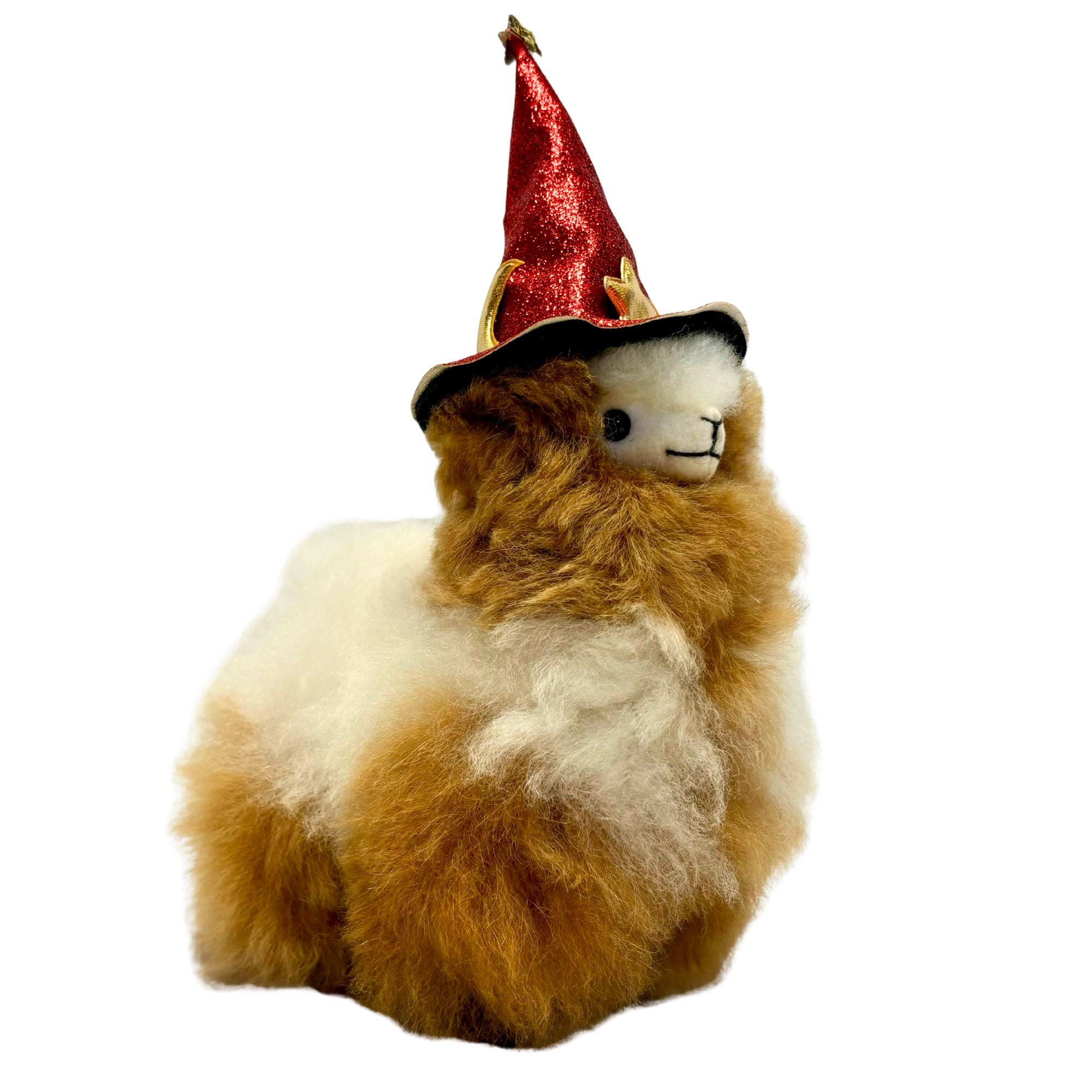 Plush Halloween toy llama wearing a red wizard hat on a white background