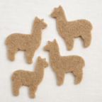 Set of four light brown alpaca-shaped felted coasters made from alpaca fiber, arranged flat on a neutral background.