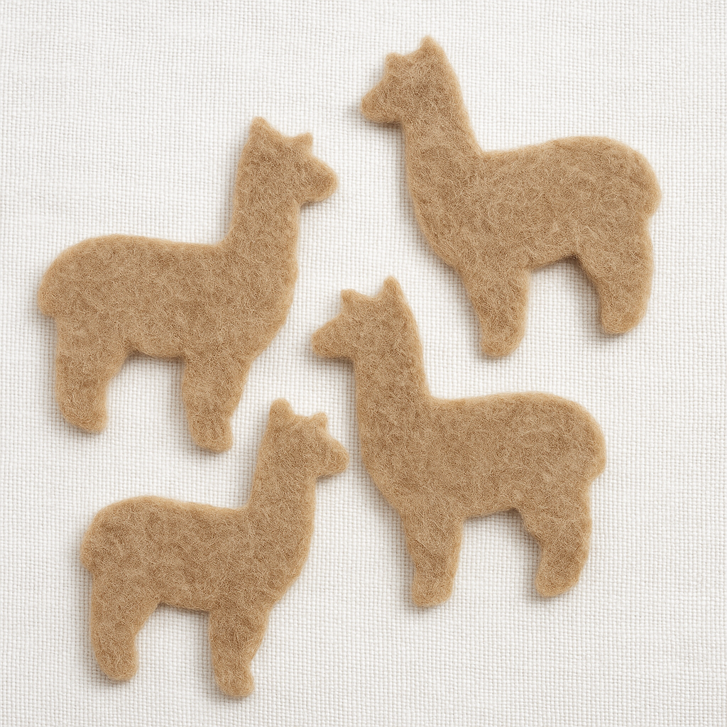 Set of four light brown alpaca-shaped felted coasters made from alpaca fiber, arranged flat on a neutral background.