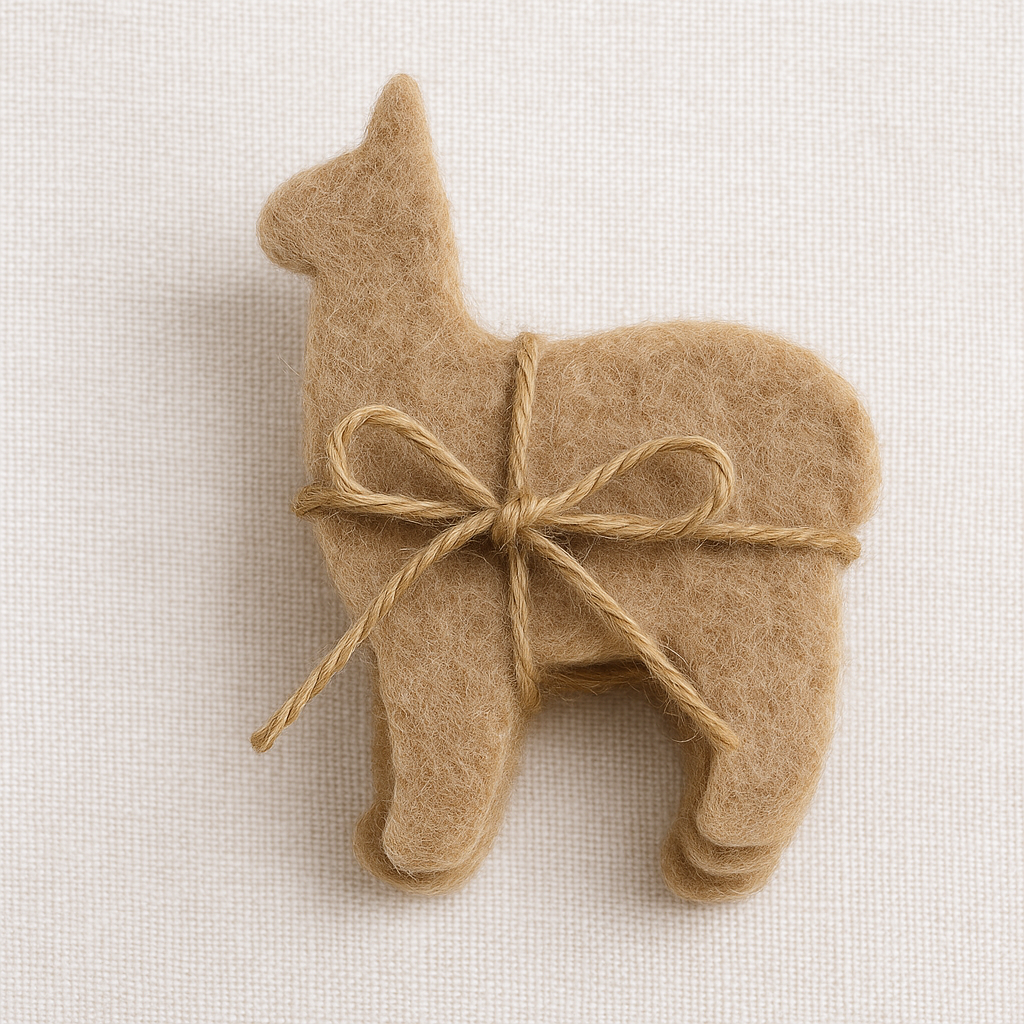 Set of four alpaca-shaped felted coasters made from alpaca fiber, bundled with rustic jute twine — perfect for holiday or special occasion gifts.