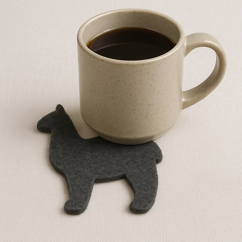 Dark gray alpaca-shaped felt coaster made from alpaca fiber, styled with a ceramic coffee mug on a neutral background