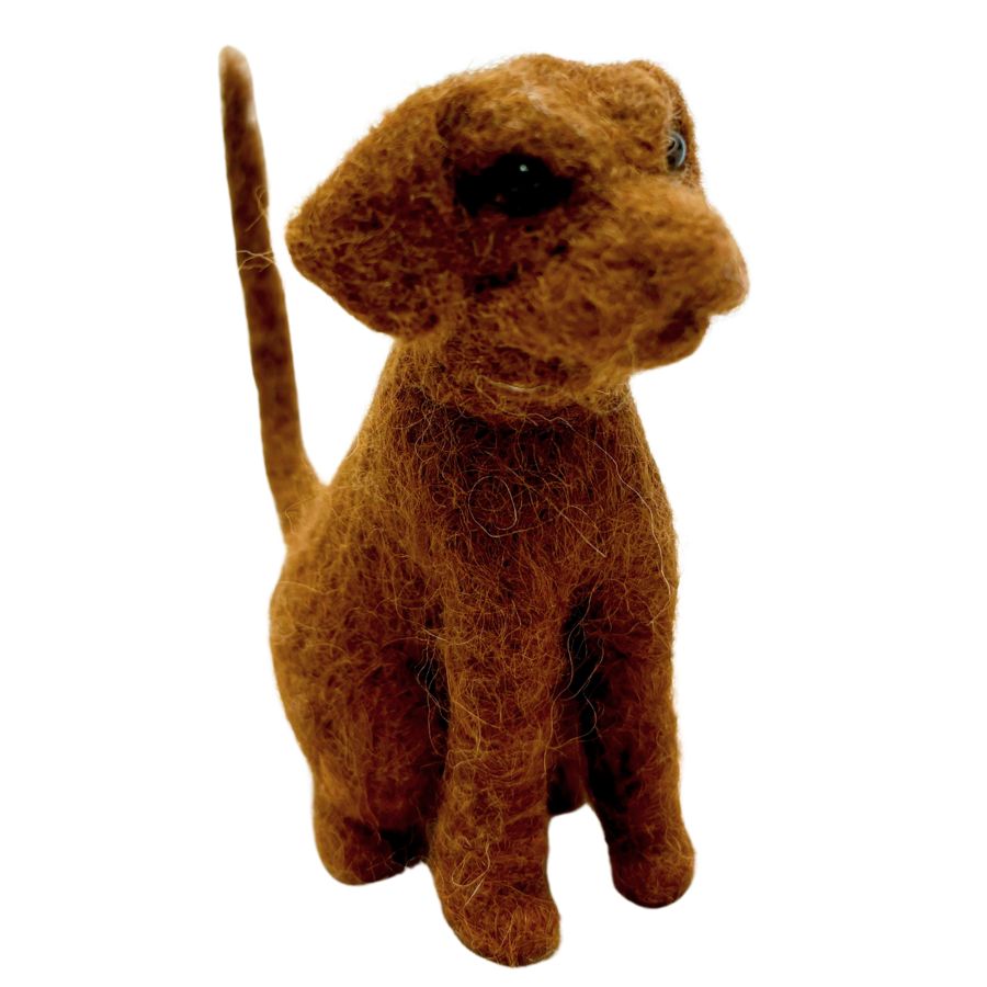 Reddish-brown felted dog ornament with long tail and realistic features, sitting pose
