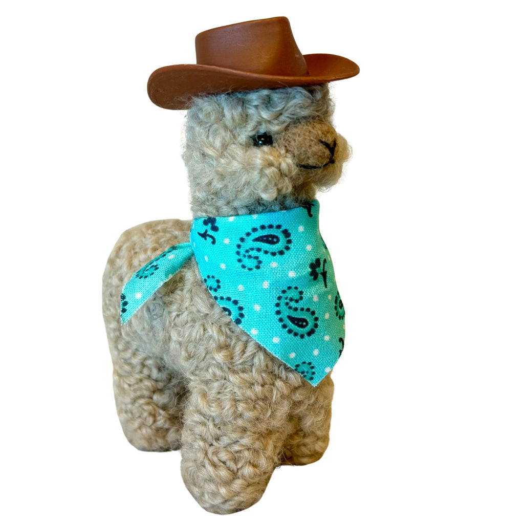 Fawn alpaca figurine 4" with cowboy hat and blue paisley bandanna figurine