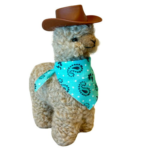 Fawn alpaca figurine 4" with cowboy hat and blue paisley bandanna figurine