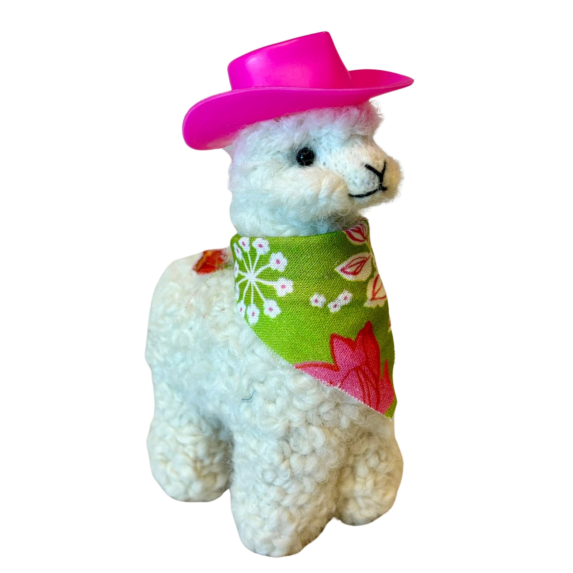 white cowgirl alpaca figurine 4" with cowgirl hat and colorful green and pink bandanna