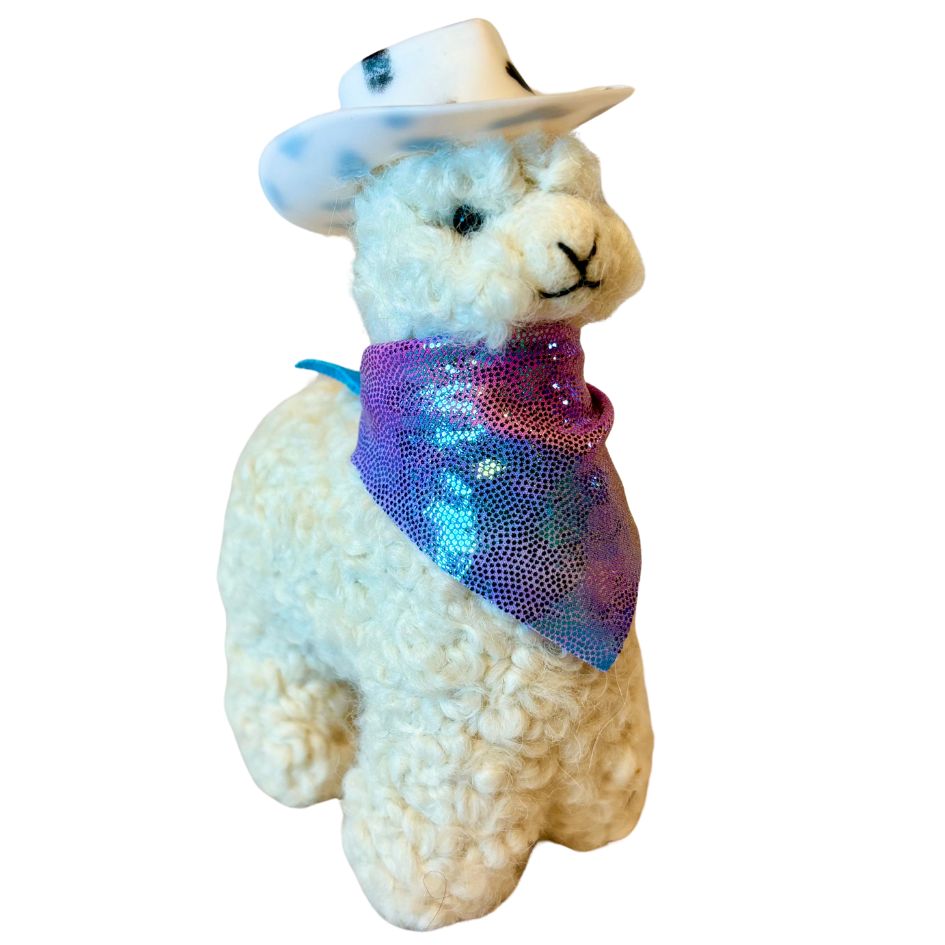 white cowgirl alpaca figurine 4" with cowgirl polkadot hat and colorful shiny purple bandanna ornament