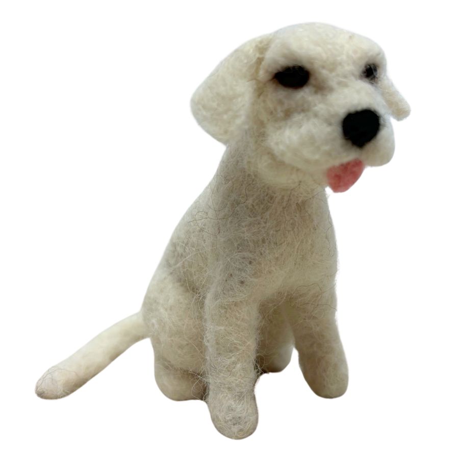 White felted lab-style dog ornament with round nose and red tongue, made of alpaca wool

