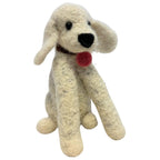 Cream-colored handmade felted alpaca wool Labrador dog ornament with floppy ears, black nose, and pink tongue