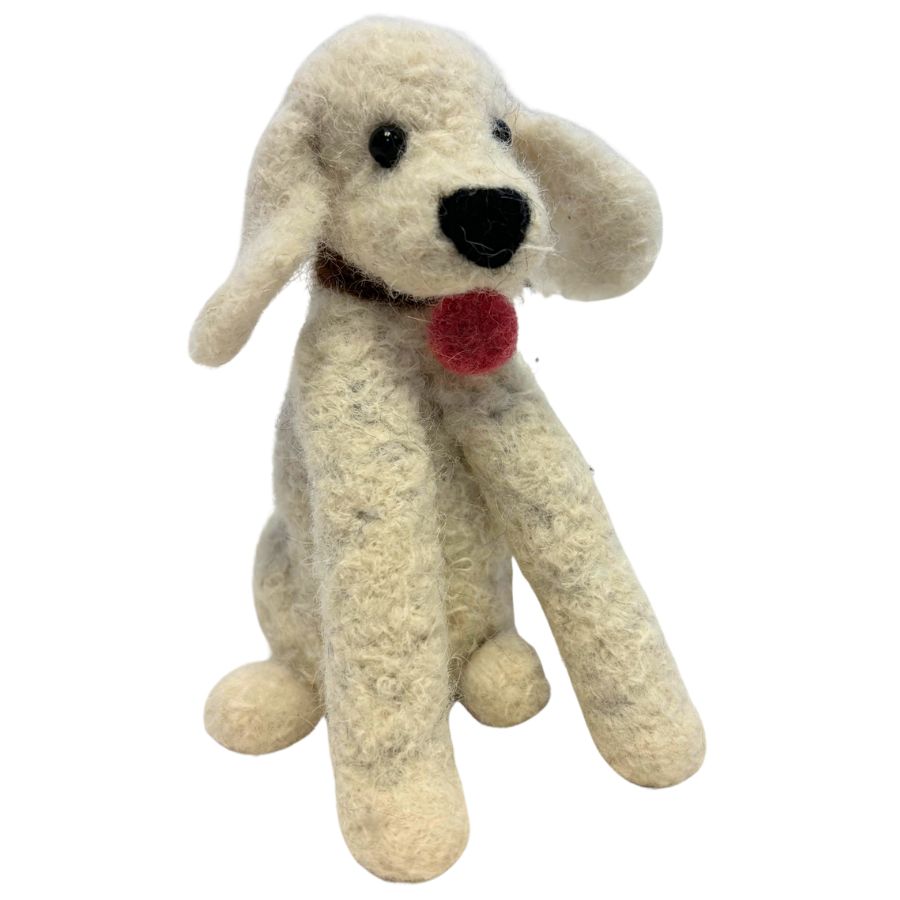 Cream-colored handmade felted alpaca wool Labrador dog ornament with floppy ears, black nose, and pink tongue