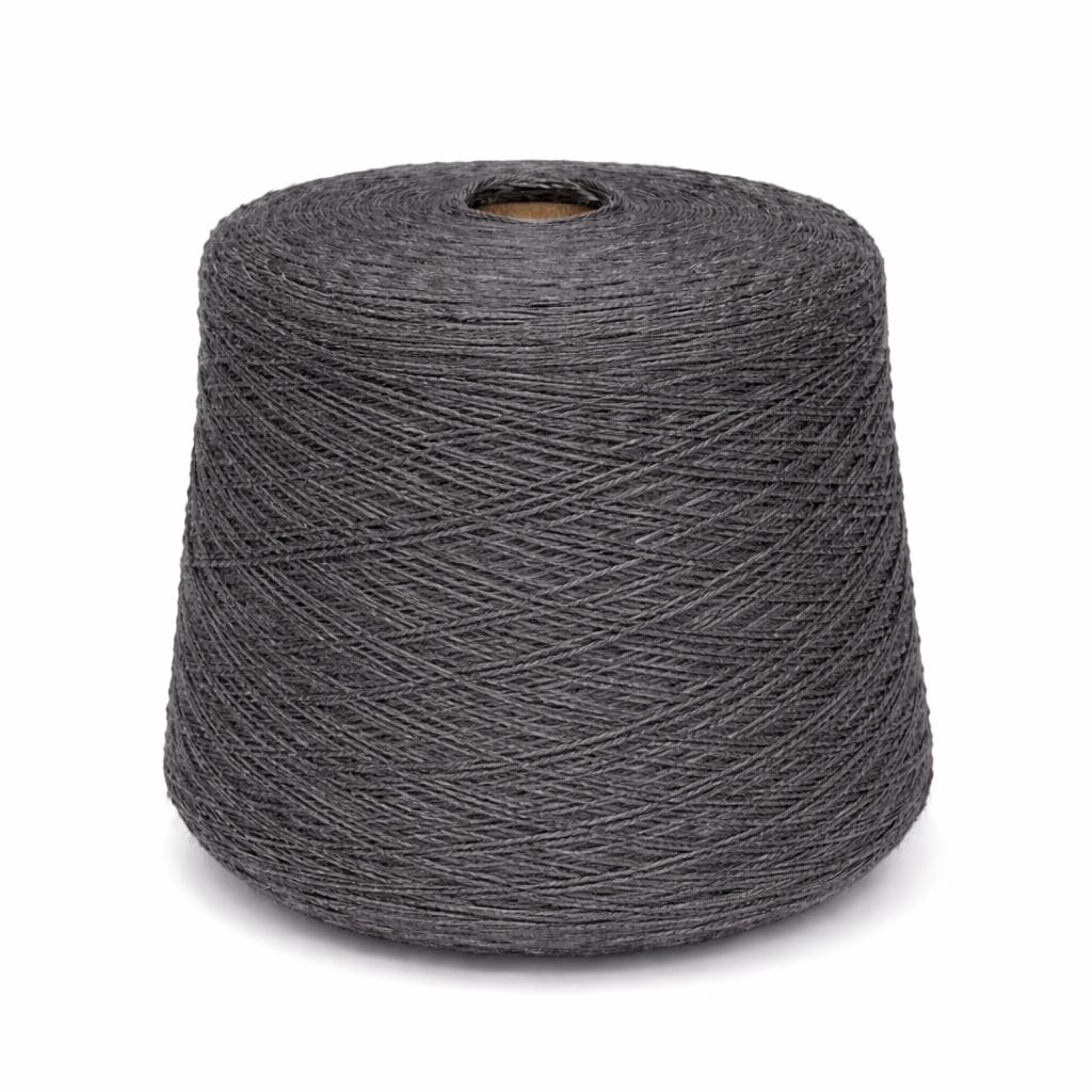 Gray alpaca yarn cone on a white background