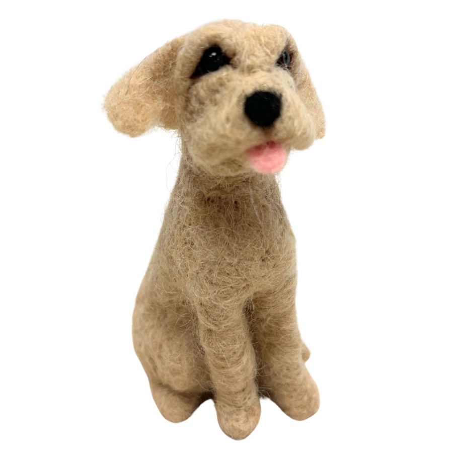 Light tan felted dog ornament with short ears and soft pink tongue, handmade detail

