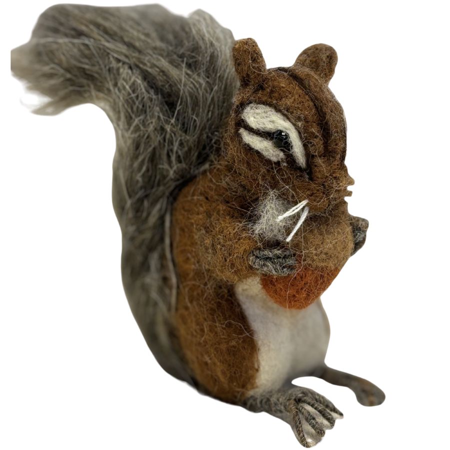 Handmade felted chipmunk ornament made from alpaca wool, featuring detailed facial stripes, fluffy tail, and holding an acorn