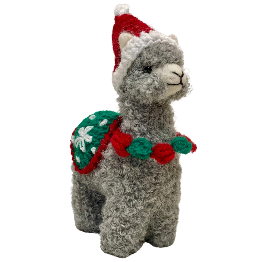 Festive gray alpaca christmas ornament with cape and necklace and santa hat