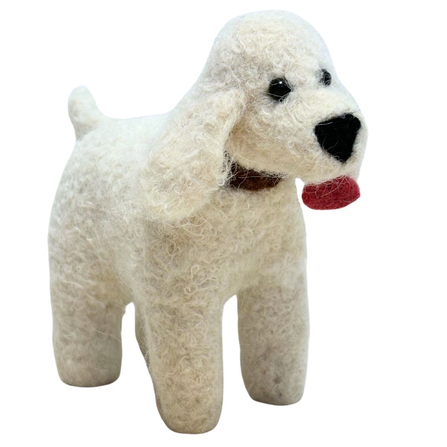 Cream felted dog ornament with floppy ears and red tongue, standing with playful expression