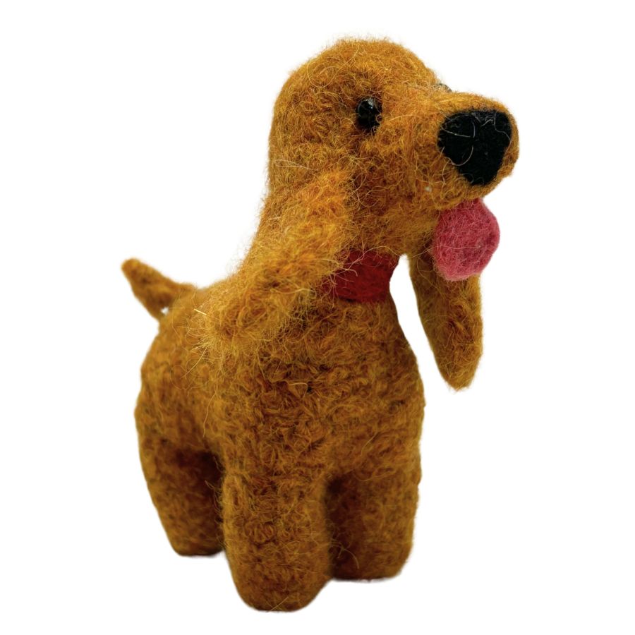 Brown felted dog ornament with yellow collar and pink tongue, handmade from alpaca wool