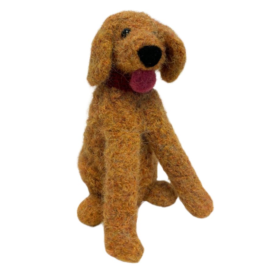 4-inch orange felted alpaca wool dog ornament resembling a golden retriever, with floppy ears and red tongue