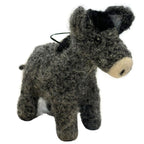 4-inch handmade gray donkey ornament made from felted alpaca wool, featuring black mane, cream-colored muzzle, and hanging string