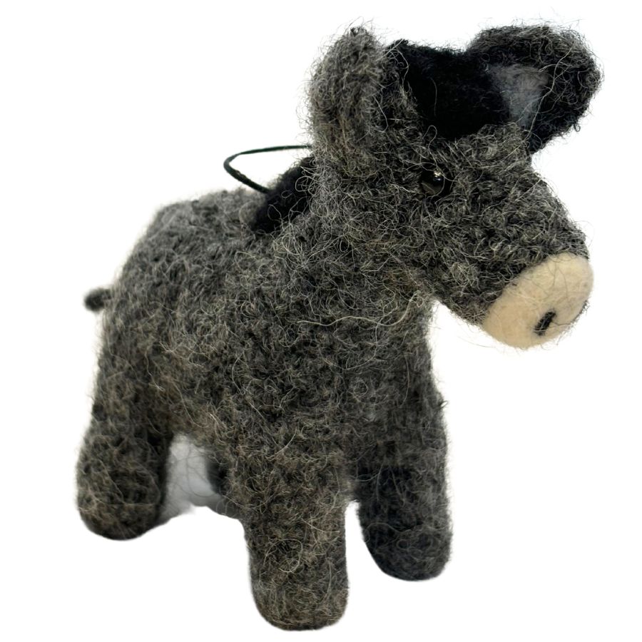 4-inch handmade gray donkey ornament made from felted alpaca wool, featuring black mane, cream-colored muzzle, and hanging string