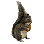 Realistic handmade felted gray squirrel ornament made from alpaca wool with upright tail and acorn detail