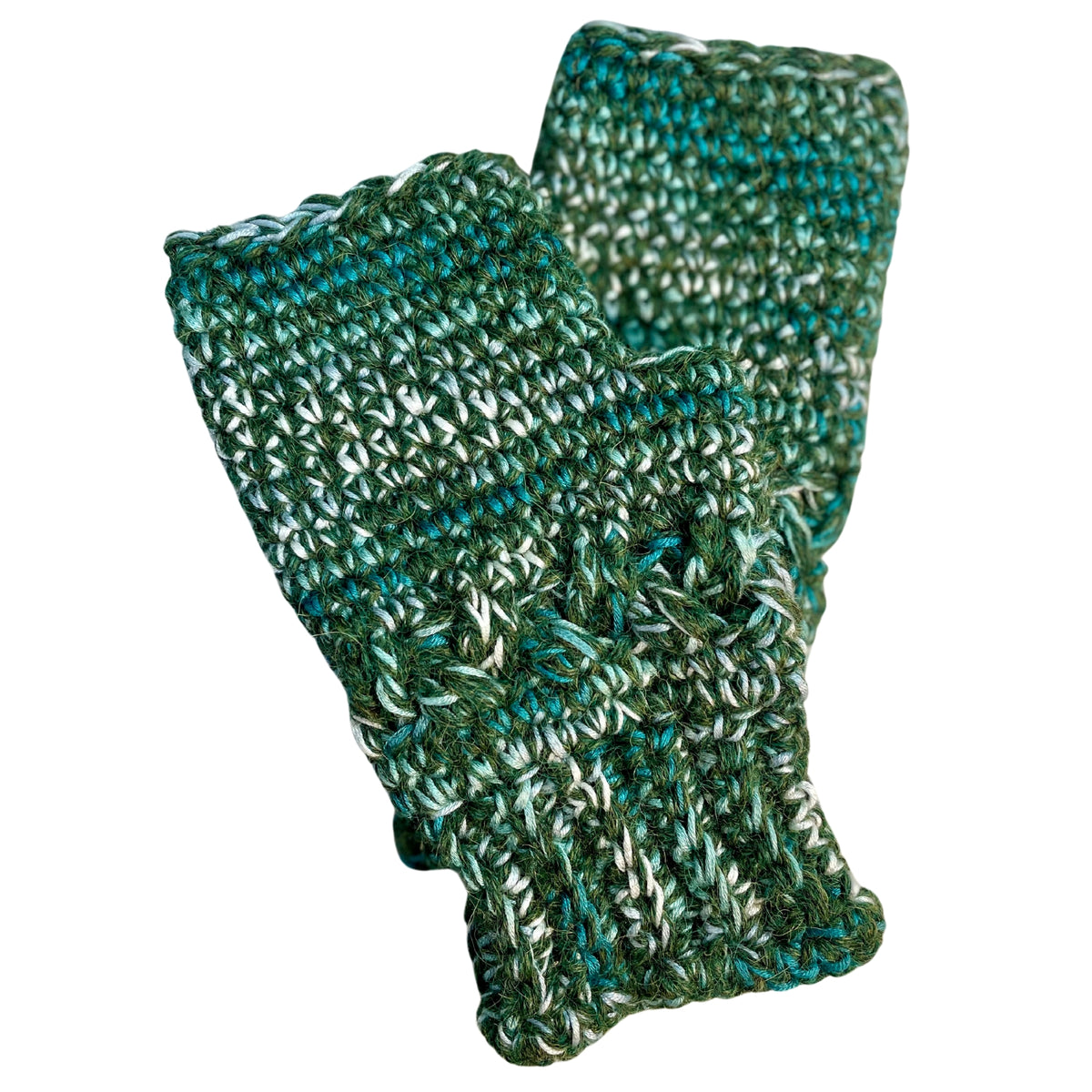 Alpacas of Montana moss green, teal, turquoise, seafoam, and white colored cozy soft warm handmade knitted crochet fingerless celtic wristie mittens made in Montana out of alpaca yarn and bamboo yarn.