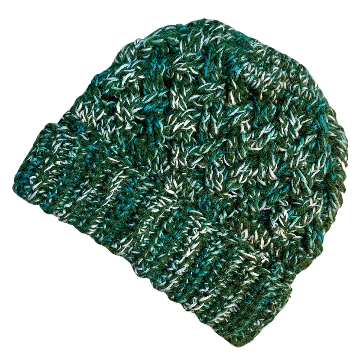 Moss green, teal, turquoise, seafoam, and white colored cozy soft warm handmade knitted crochet celtic hat made in Montana by Alpacas of Montana.
