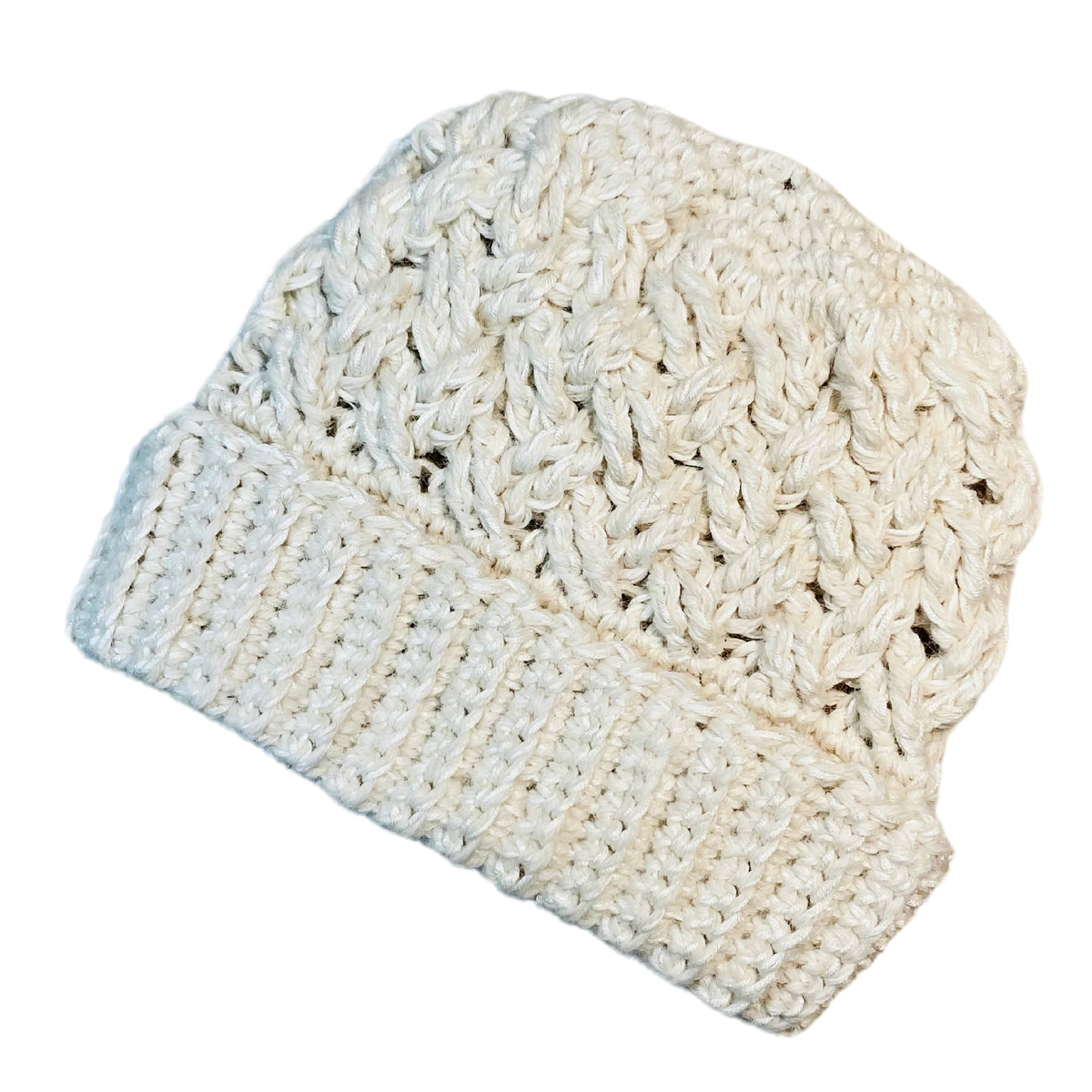 Natural white color cozy soft warm handmade knitted crochet celtic hat made in Montana by Alpacas of Montana.