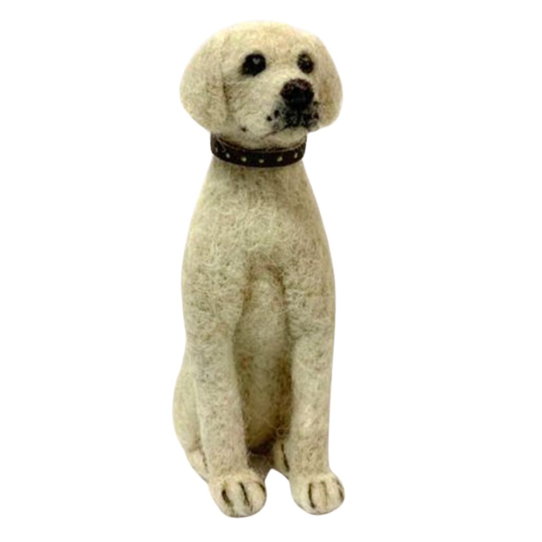 A product. photo with a white background of a cute adorable soft silly funny toy golden yellow tan gray and black labrador retriever dog with brown collar felted alpaca wool figurine and ornament for gifts birthday holiday