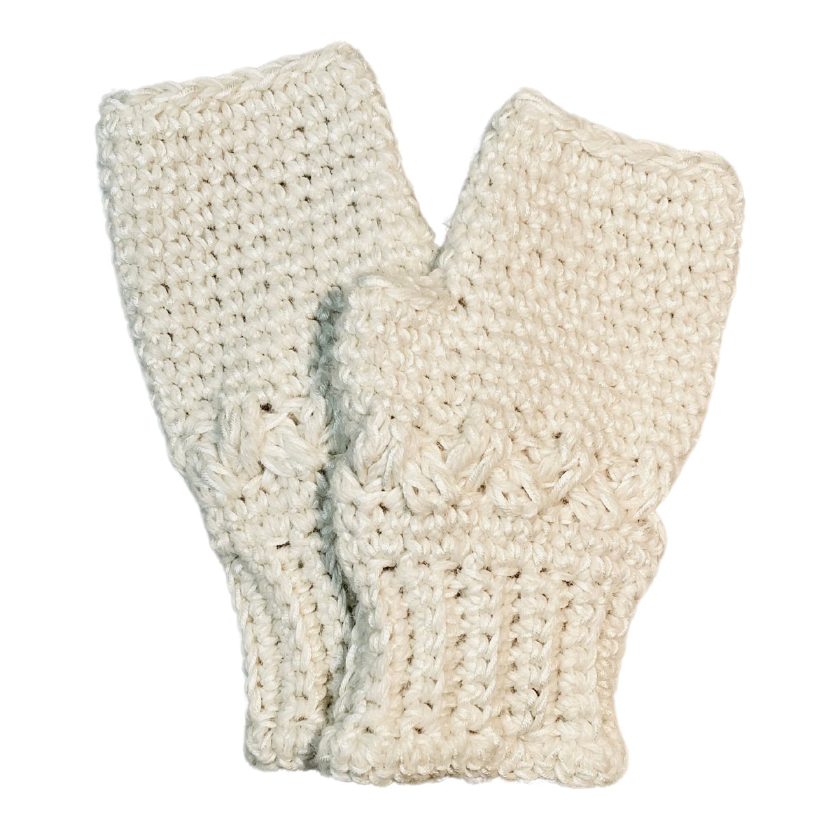 Alpacas of Montana natural white colored cozy soft warm handmade knitted crochet fingerless celtic wristie mittens made in Montana out of alpaca yarn and bamboo yarn.
