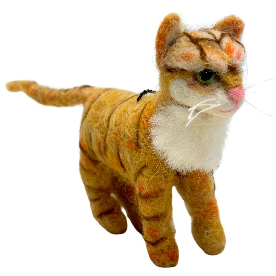 Handmade 4-inch orange and white felted alpaca wool tabby cat ornament with pink nose, green eyes, and striped tail