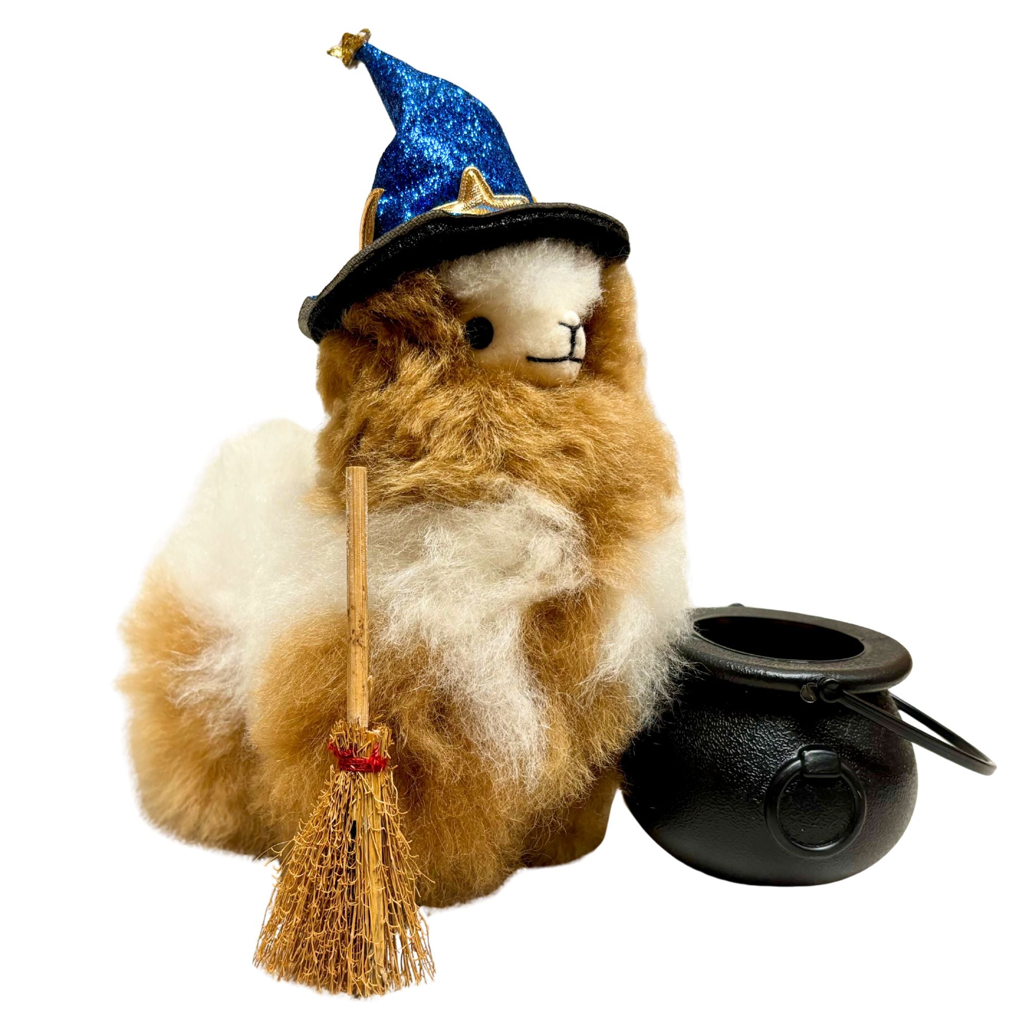 Handmade plush alpaca toy wearing blue witch hat with mini broom and black cauldron – Halloween alpaca gift set by Alpacas of Montana
