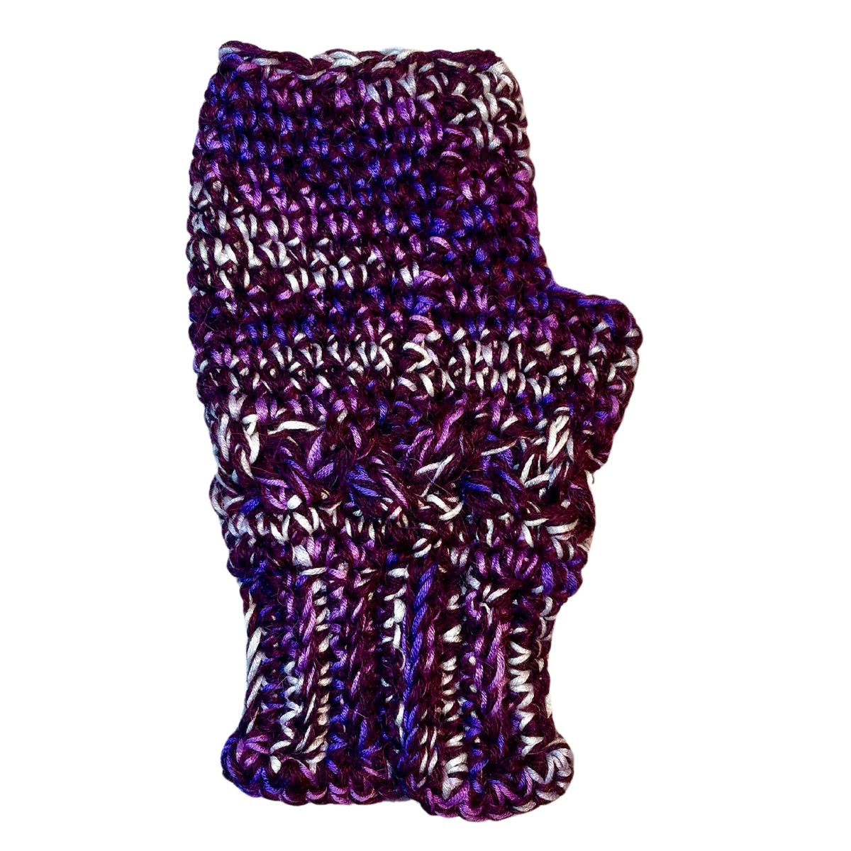 Alpacas of Montana deep purple, bright purple violet, and white colored cozy soft warm handmade knitted crochet fingerless celtic wristie mittens made in Montana out of alpaca yarn and bamboo yarn.