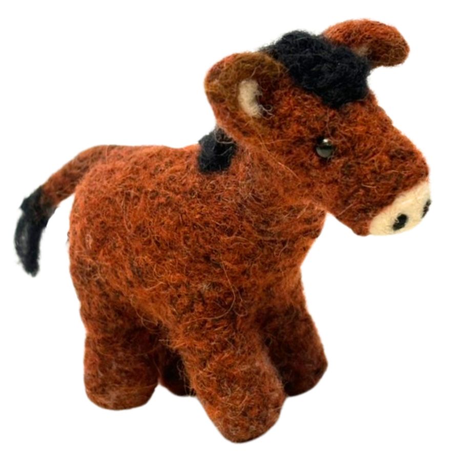 4-inch handmade reddish brown donkey ornament made from felted alpaca wool, featuring black mane, cream-colored muzzle, and hanging string