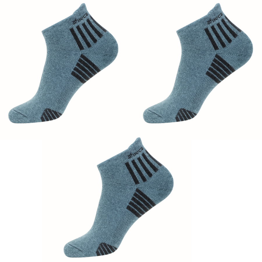 Three pairs of gray socks with black stripes on a white background