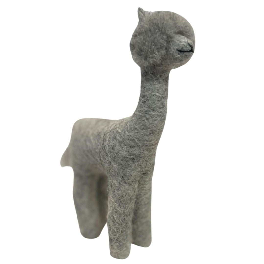 Felted gray alpaca ornament of sheared llama