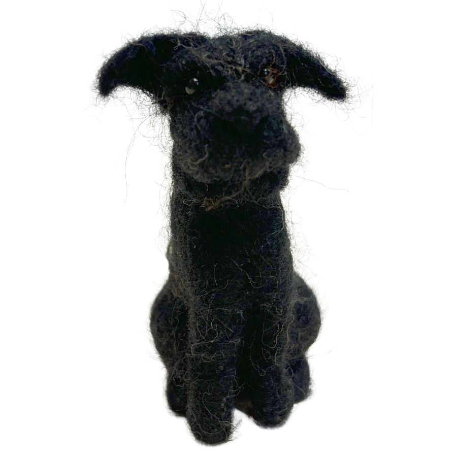 Black felted dog ornament with upright ears, handcrafted from alpaca wool
