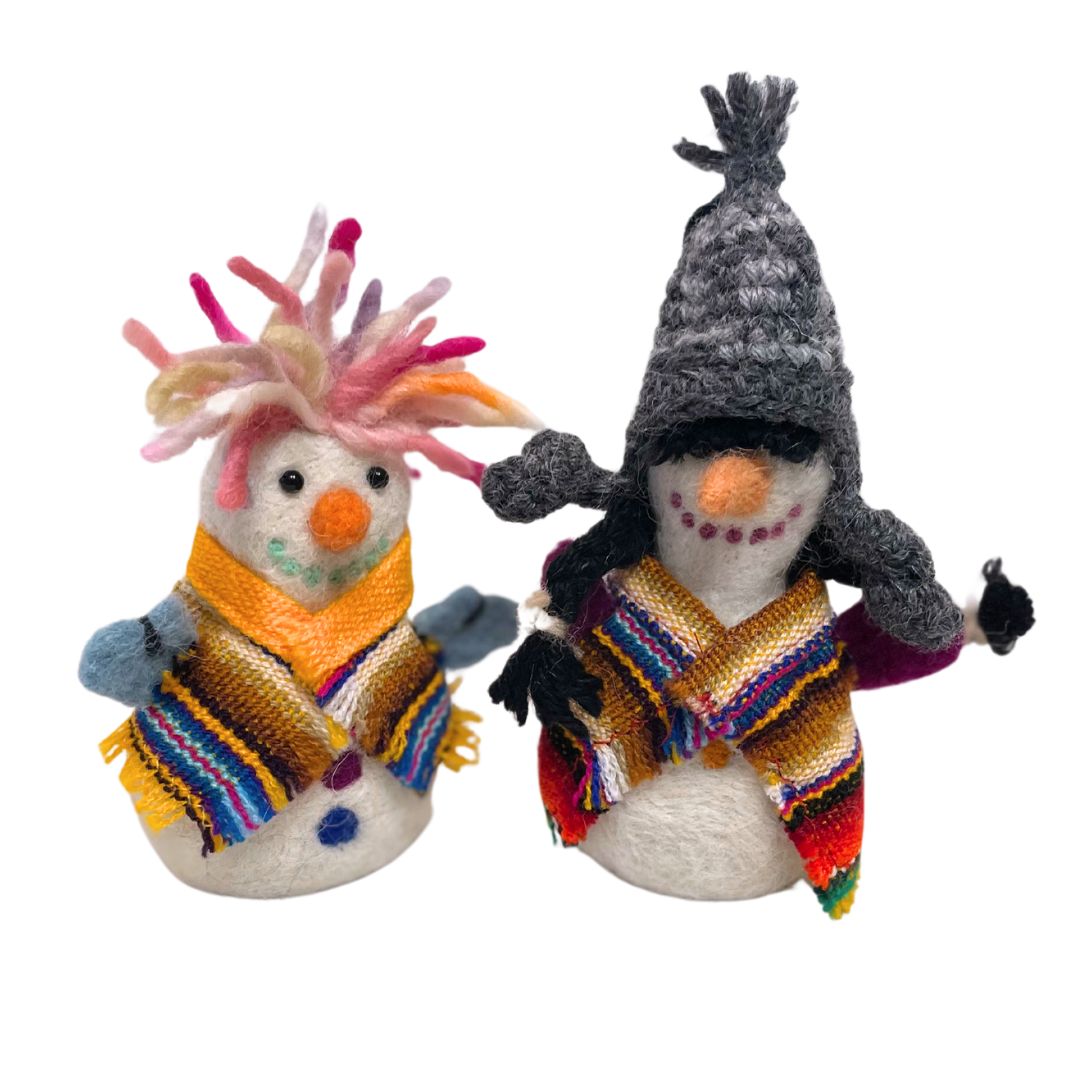 A product photo of a soft cute adorable funny silly natural white snowmen with colorful hats, scarves, and mittens felted alpaca wool figurine and ornament for gifts birthday holiday